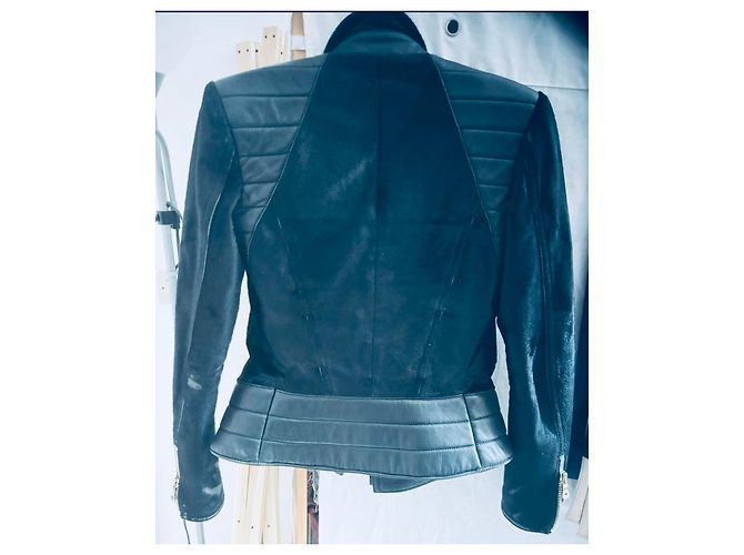 Balmain Leder- und Kurzhaarjacke Schwarz - Ansicht 2