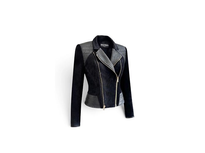 Balmain Leder- und Kurzhaarjacke Schwarz - Ansicht 6