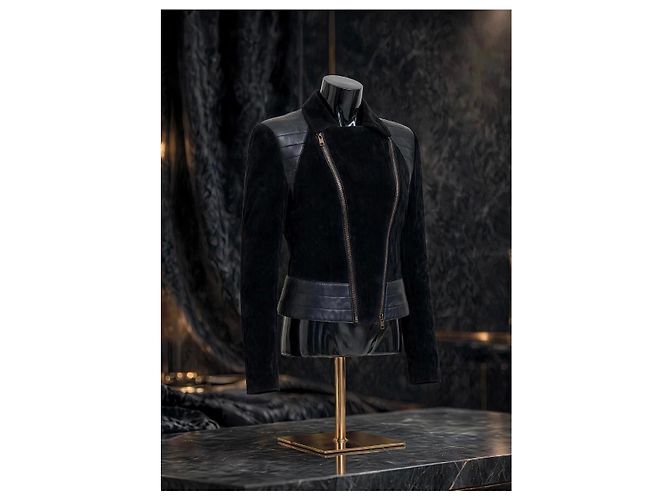 Balmain Leder- und Kurzhaarjacke Schwarz - Ansicht 7
