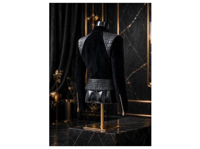 Balmain Leder- und Kurzhaarjacke Schwarz - Ansicht 8