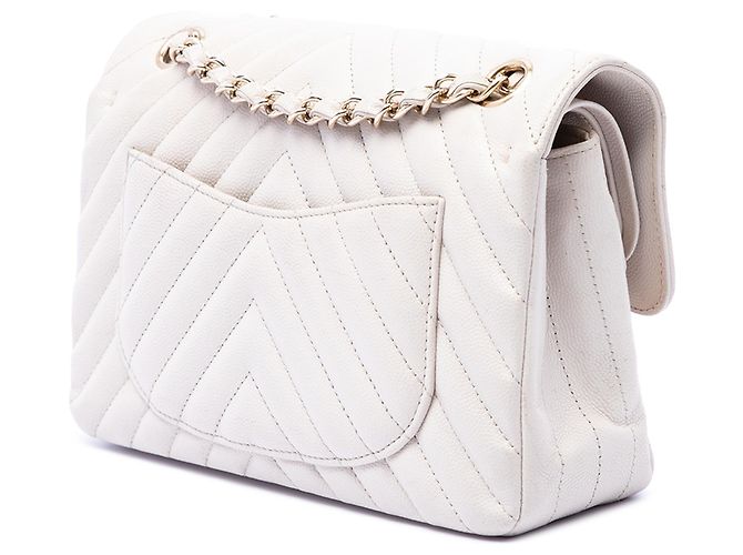 Chanel White Small Classic Chevron Caviar Double Flap Bianco - vista 2