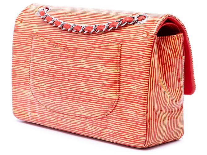 Chanel Orange Medium Classic Patent Striped Double Flap Arancione - vista 2