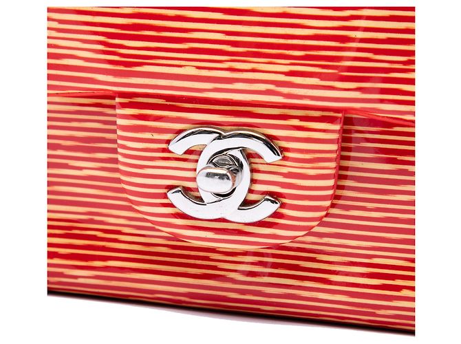 Chanel Orange Medium Classic Patent Striped Double Flap Arancione - vista 5