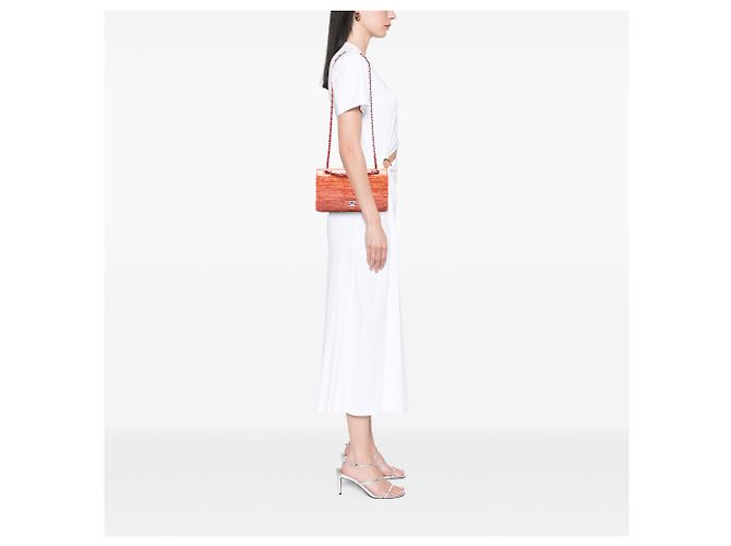 Chanel Orange Medium Classic Patent Striped Double Flap Arancione - vista 6
