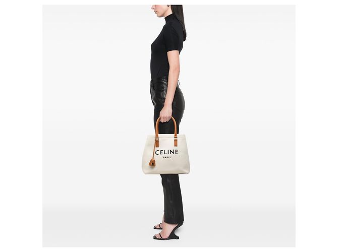 Céline Bolso Tote Horizontal Celine Brown Small Canvas Logo Print Castaño Beige - vista 7