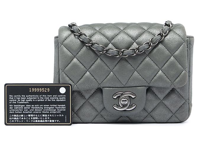 Chanel Gray Mini Square Classic Metallic Lambskin Single Flap Marrone Grigio antracite - vista 6
