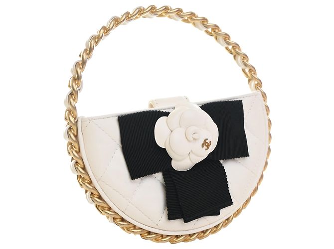 Clutch Chanel White Mini Lambskin Round Camellia Bianco Bianco sporco - vista 3