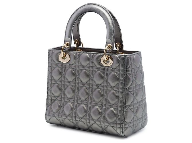 Lady Dior Cannage aus grauem metallischem Lammfell, Größe Medium Braun Anthrazitgrau - Ansicht 2