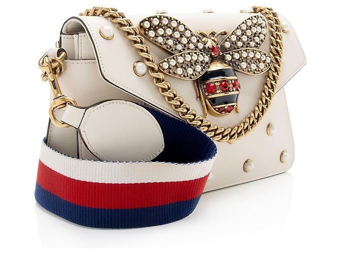 Mini bolsa de ombro Broadway em couro de bezerro e pérolas com detalhe de abelha Gucci Branco - vista 2