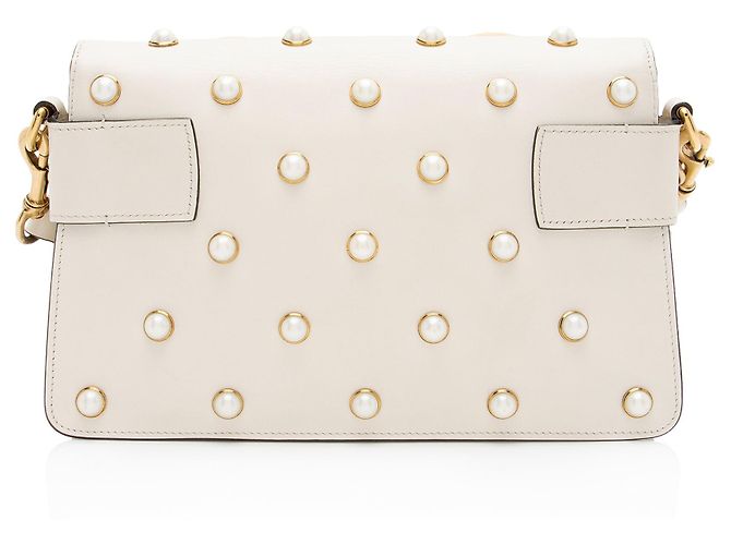 Mini bolsa de ombro Broadway em couro de bezerro e pérolas com detalhe de abelha Gucci Branco - vista 3