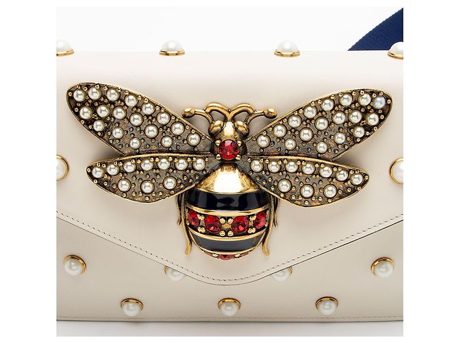 Mini bolsa de ombro Broadway em couro de bezerro e pérolas com detalhe de abelha Gucci Branco - vista 9