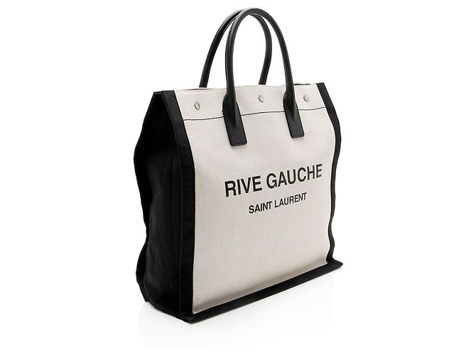 Tote Rive Gauche N/S in lino e pelle di vitello Saint Laurent Marrone Beige - vista 2