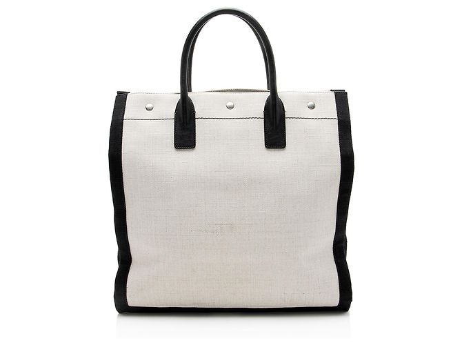 Tote Rive Gauche N/S in lino e pelle di vitello Saint Laurent Marrone Beige - vista 3