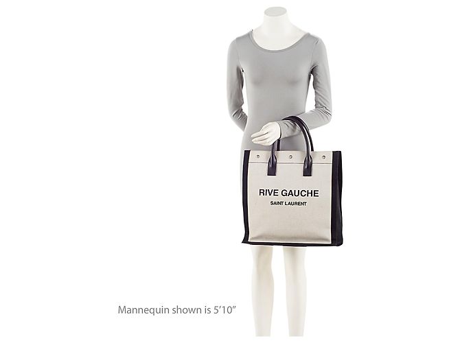 Tote Rive Gauche N/S in lino e pelle di vitello Saint Laurent Marrone Beige - vista 5
