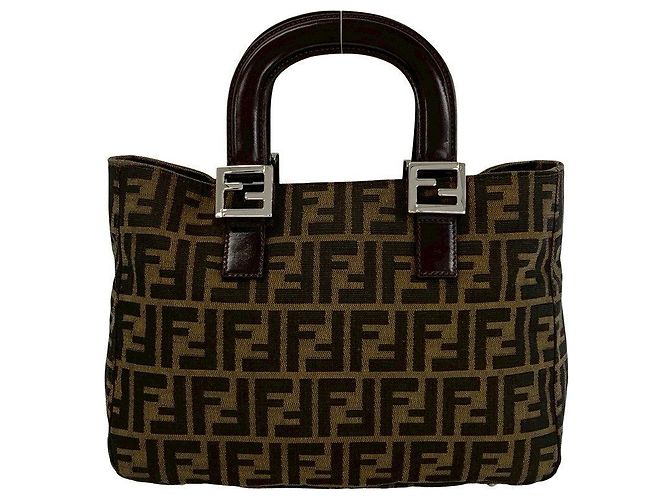 Zucchino Fendi FF Logo Canvas Leder Handtasche Braun - Ansicht 2