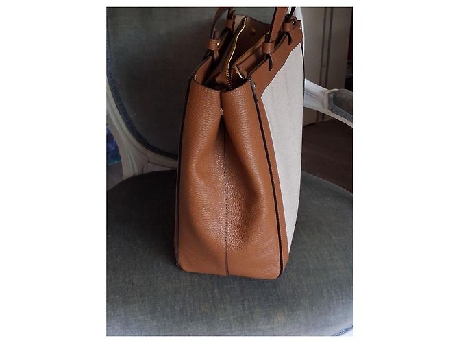 Autre Marque Gianni Notaro Shopper aus braunem Leder und beigefarbener Leinwand - vue 4
