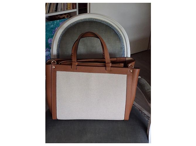 Autre Marque Gianni Notaro Shopper aus braunem Leder und beigefarbener Leinwand - vue 5
