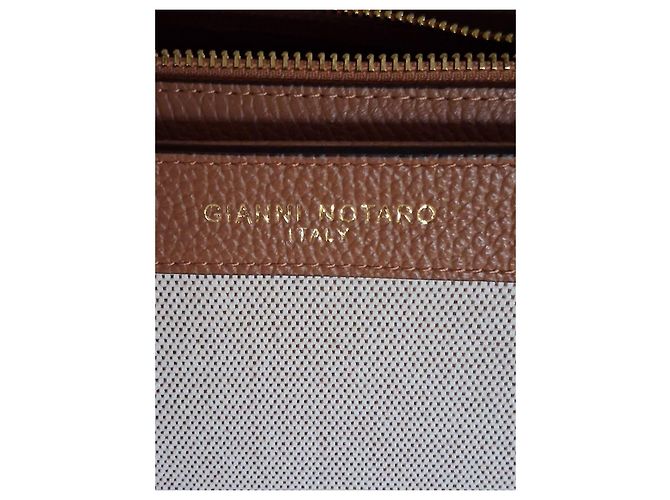 Autre Marque Gianni Notaro Shopper aus braunem Leder und beigefarbener Leinwand - vue 6
