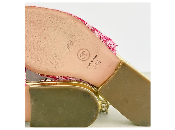 Timeless Mules in tweed rosa Chanel Resort 2015 Runway con lacci Rosso D'oro - vista 7