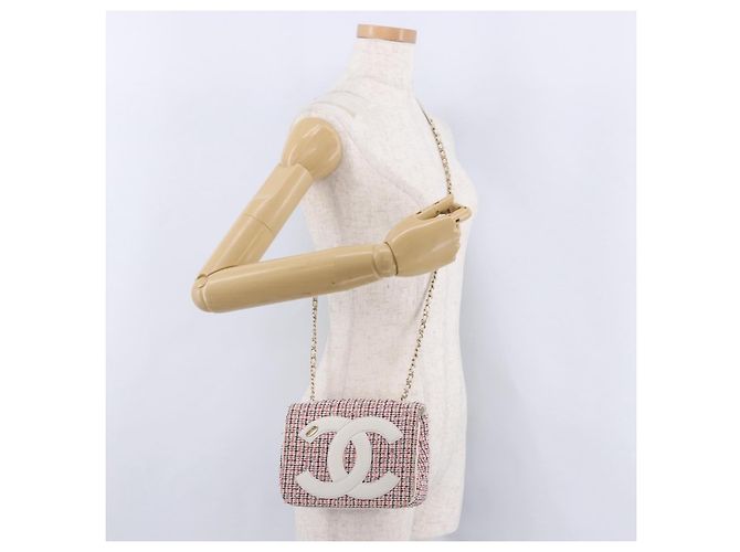 CHANEL Matelasse Chain Shoulder Bag Tweed Red Gold CC Auth 192084SAM Golden - view 24