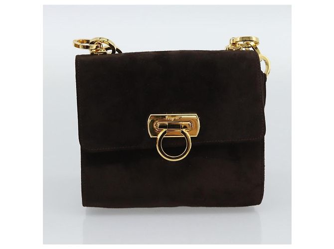 Borsa Salvatore Ferragamo Gancini PVC Scamosciato 2 Set Nero Marrone Auth 191708 D'oro - vista 9