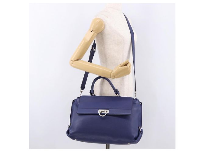 Borsa Salvatore Ferragamo Gancini in Pelle 2way Blu Argento Auth 192042A - vista 27
