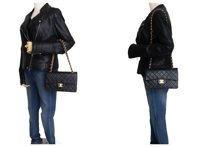 CHANEL Classic Double Flap 9" Chain Shoulder Bag Black Lambskin Nero - vista 12