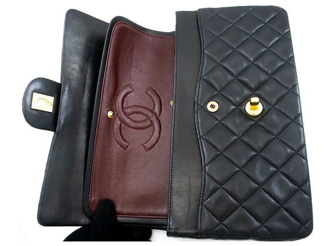 CHANEL Classic Double Flap 10" Chain Shoulder Bag Black Lambskin Nero - vista 11