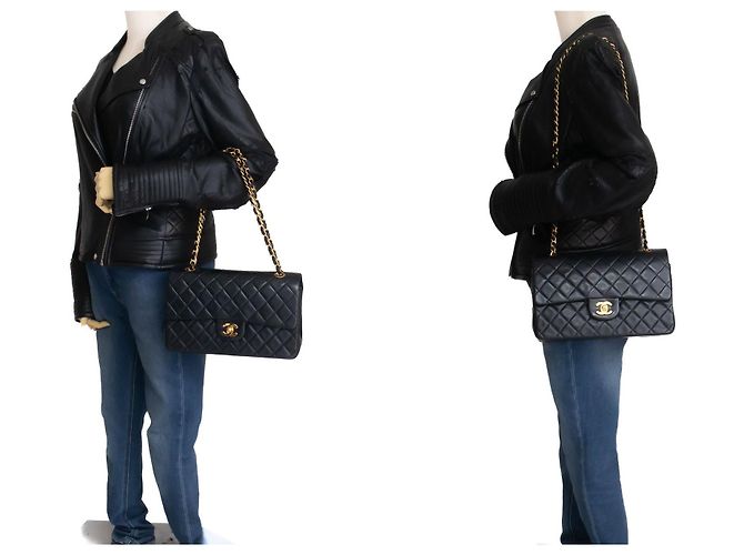 CHANEL Classic Double Flap 10" Chain Shoulder Bag Black Lambskin Nero - vista 12