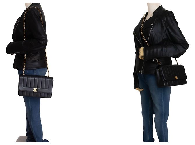 CHANEL Borsa a tracolla Single Flap con catena a righe nera trapuntata Nero - vista 12