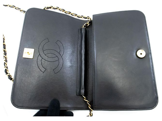 CHANEL Borsa a tracolla clutch Full Flap Chain Nera in agnello trapuntato Nero - vista 11