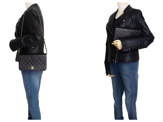 CHANEL Borsa a tracolla clutch Full Flap Chain Nera in agnello trapuntato Nero - vista 12