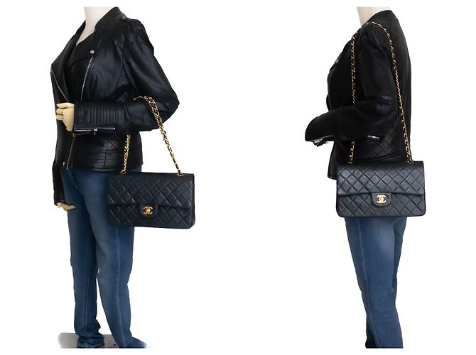 CHANEL Classic Double Flap 10" Chain Shoulder Bag Black Lambskin Schwarz - vista 12