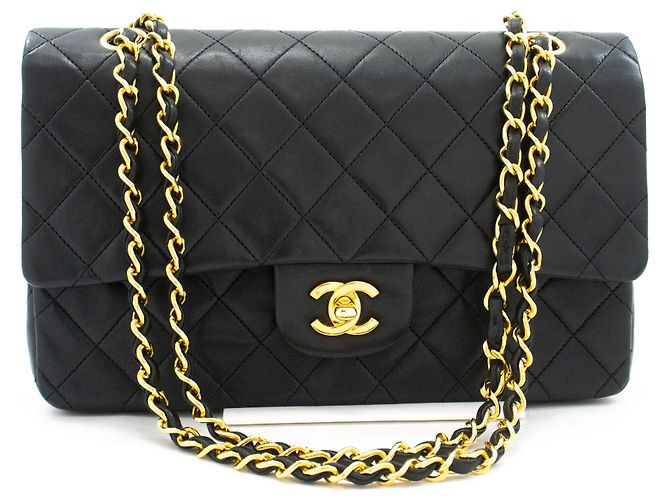 CHANEL Classic Double Flap 10" Chain Shoulder Bag Black Lambskin Schwarz - vista 2
