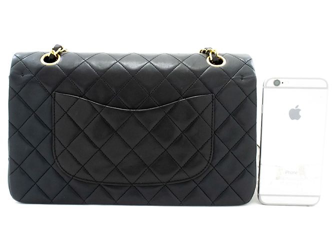 CHANEL Classic Double Flap 10" Chain Shoulder Bag Black Lambskin Schwarz - vista 3