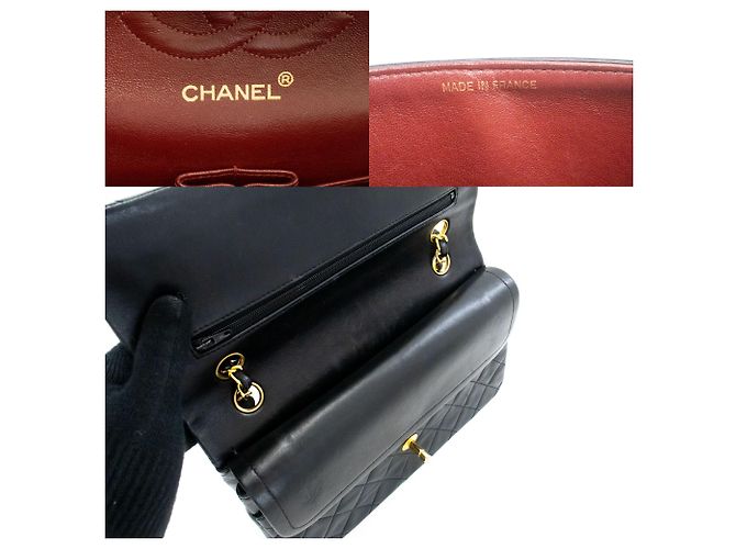 CHANEL Classic Double Flap 10" Chain Shoulder Bag Black Lambskin Schwarz - vista 8