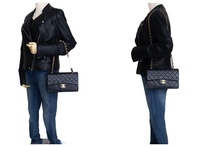 CHANEL Classic Double Flap 9" Chain Shoulder Bag Black Lambskin Nero - vista 12