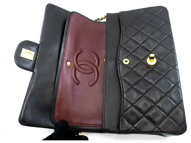 CHANEL Classic Double Flap 10" Chain Shoulder Bag Black Lambskin Nero - vista 11