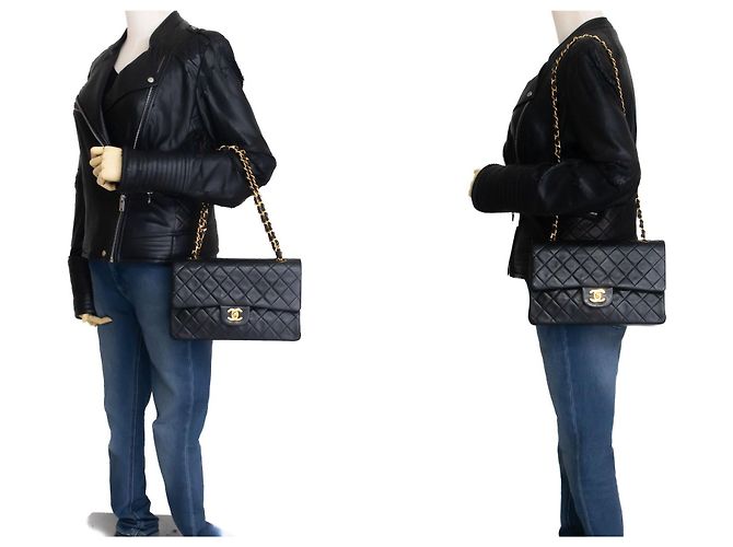 CHANEL Classic Double Flap 10" Chain Shoulder Bag Black Lambskin Nero - vista 12