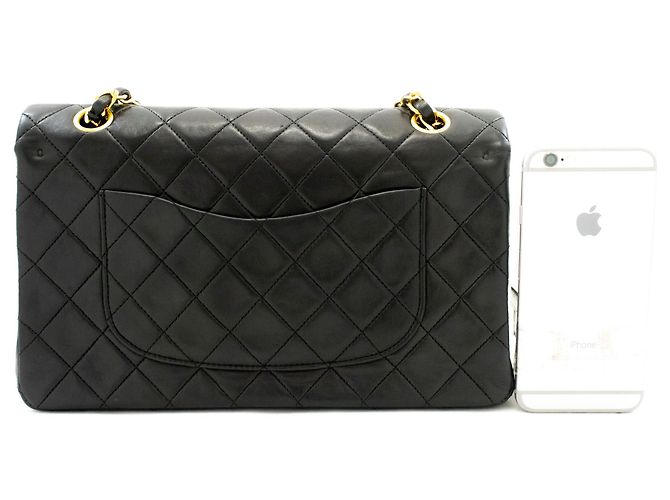 CHANEL Classic Double Flap 10" Chain Shoulder Bag Black Lambskin Nero - vista 3