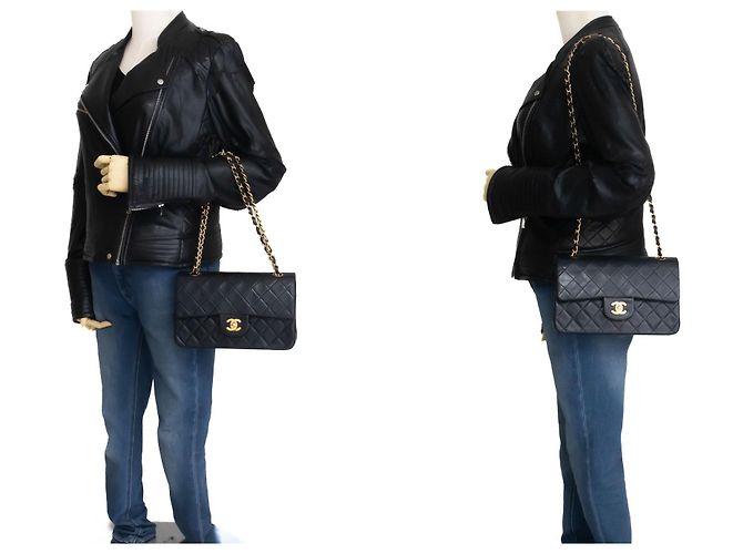 CHANEL Classic Double Flap 9" Chain Shoulder Bag Black Lambskin Nero - vista 12