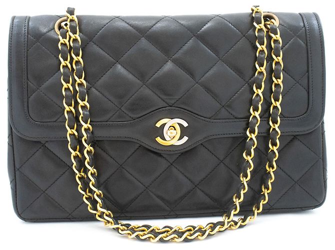 CHANEL Paris Vintage Chain Schultertasche Schwarz Gesteppt - Ansicht 2