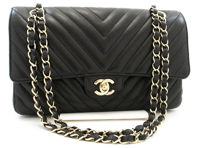 CHANEL Borsa a Spalla Double Flap V-Stitch 10" in Pelle di Agnello Nera Nero - vista 2