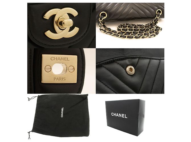 CHANEL Borsa a Spalla Double Flap V-Stitch 10" in Pelle di Agnello Nera Nero - vista 7
