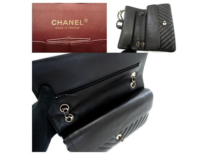 CHANEL Borsa a Spalla Double Flap V-Stitch 10" in Pelle di Agnello Nera Nero - vista 8