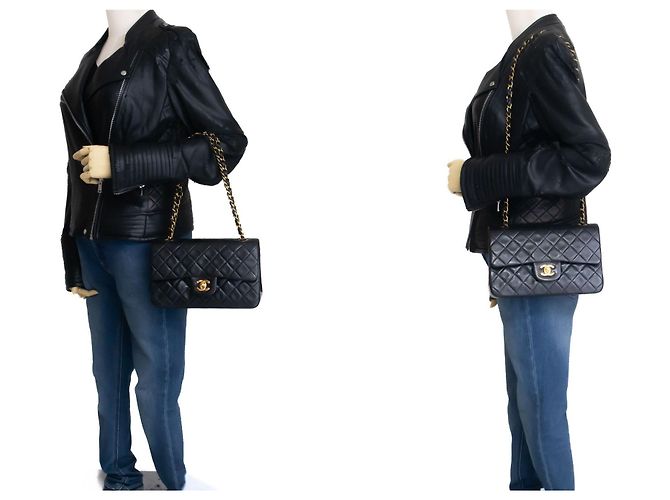 CHANEL Classic Double Flap 9" Chain Shoulder Bag Black Lambskin Nero - vista 12