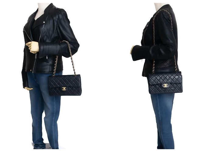 CHANEL Classic Double Flap 9" Chain Shoulder Bag Black Lambskin Nero - vista 12