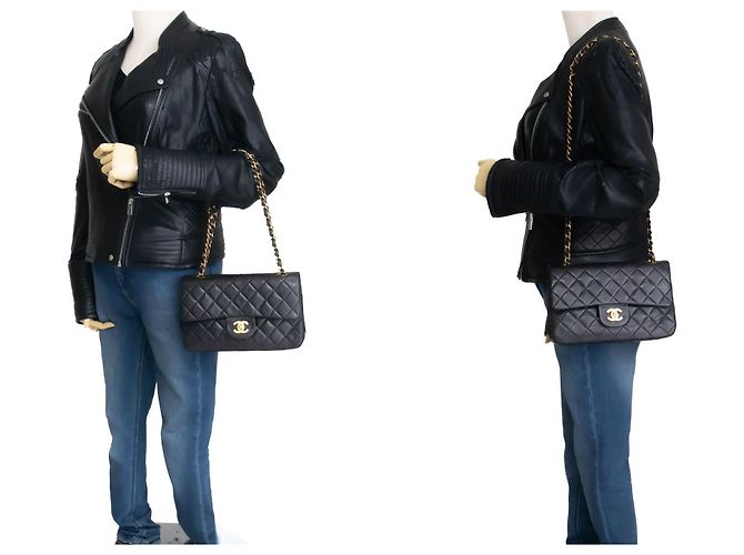 CHANEL Classic Double Flap 9" Chain Shoulder Bag Black Lambskin Nero - vista 12