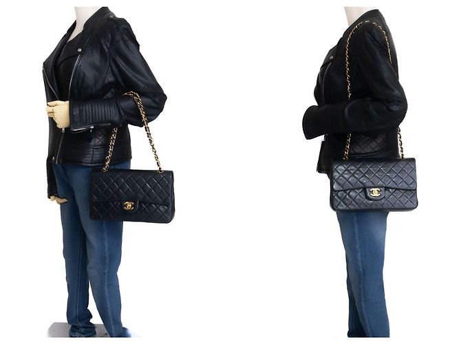 CHANEL Classic Double Flap 10" Chain Shoulder Bag Black Lambskin Nero - vista 12