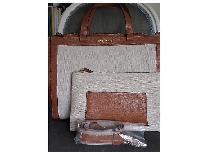 Autre Marque Borsa tote Gianni Notaro in pelle marrone e tela beige con pochette - vista 8